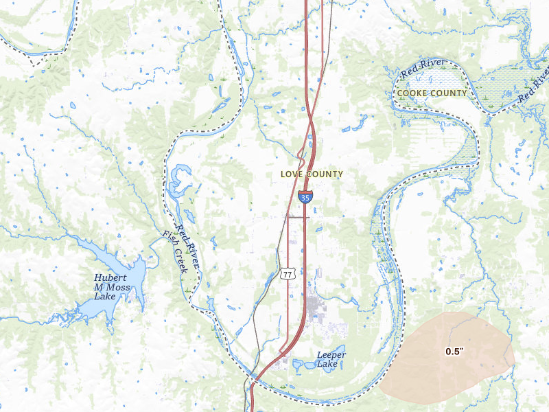 Radar-estimated hail-size map of the storm over Thackerville, OK on Mar 4, 2026
