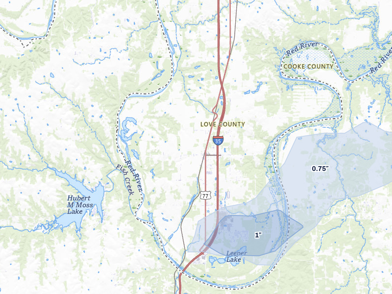 NEXRAD radar-signature map of the hail storm over Thackerville, OK on Mar 4, 2026