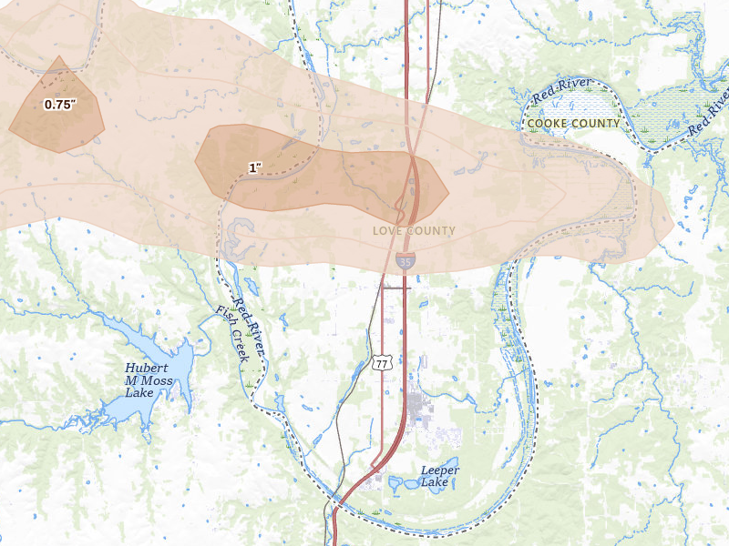 Radar-estimated hail-size map of the storm over Thackerville, OK on Apr 25, 2026