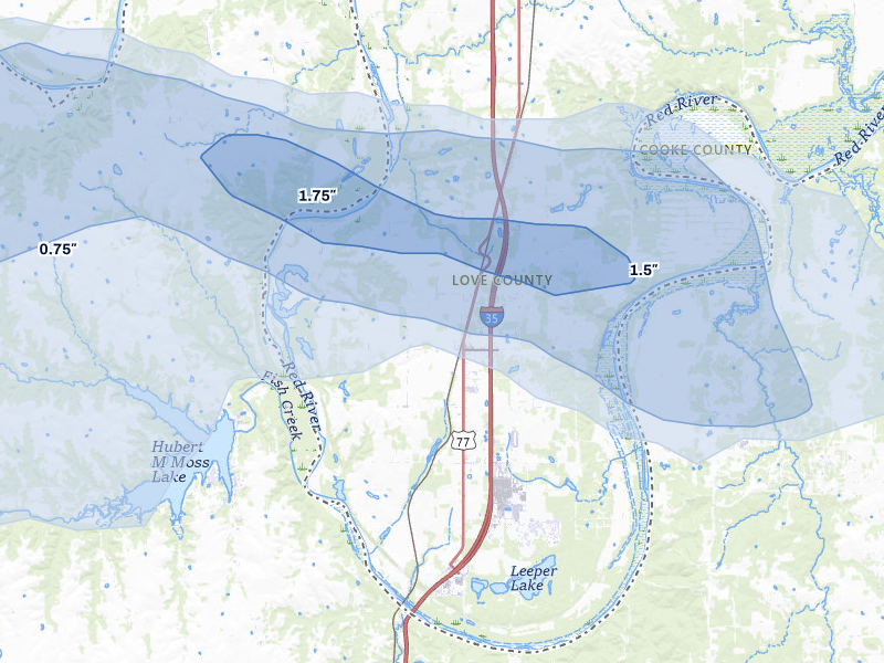 NEXRAD radar-signature map of the hail over Thackerville, OK