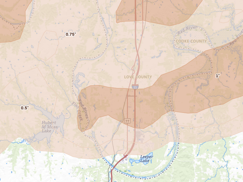 Radar-estimated hail-size map of the storm over Thackerville, OK on Apr 28, 2026