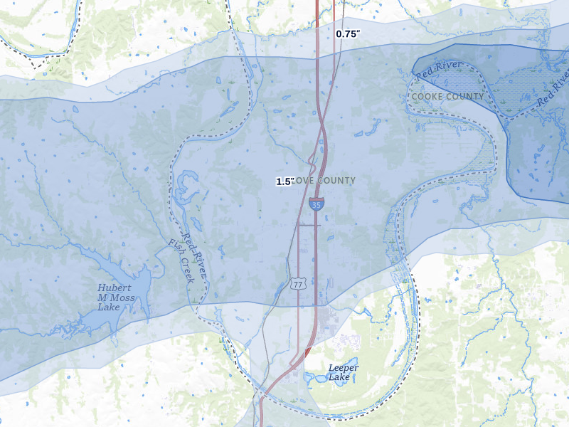 NEXRAD radar-signature map of the hail storm over Thackerville, OK on Apr 28, 2026