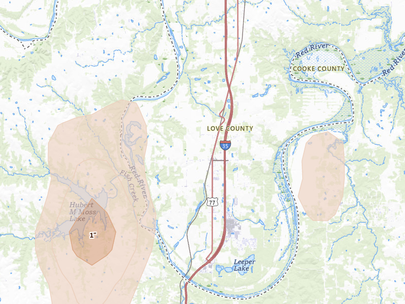 Radar-estimated hail-size map of the storm over Thackerville, OK on May 22, 2026