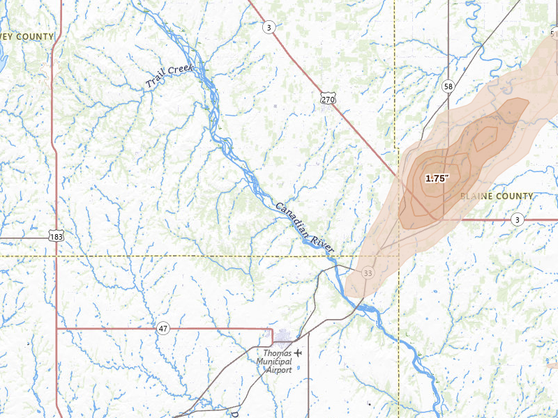 Radar-estimated hail-size map of the storm over Thomas, OK on Apr 1, 2026