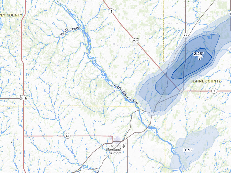NEXRAD radar-signature map of the hail storm over Thomas, OK on Apr 1, 2026