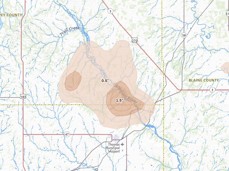 Radar-estimated hail-size map of the storm over Thomas, OK on Jun 1, 2026