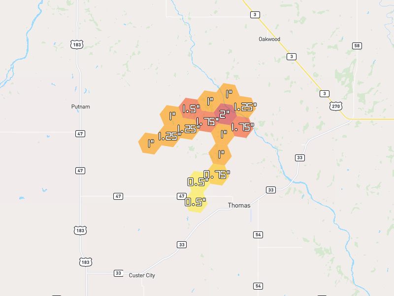 Hail map of Thomas, OK on Jun 2, 2026, hail up to 2"
