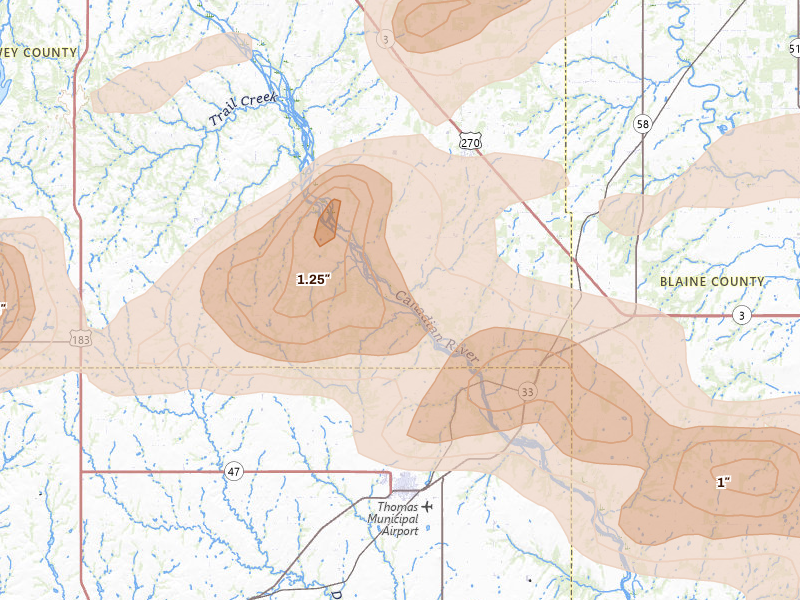 Radar-estimated hail-size map of the storm over Thomas, OK on Jun 26, 2026