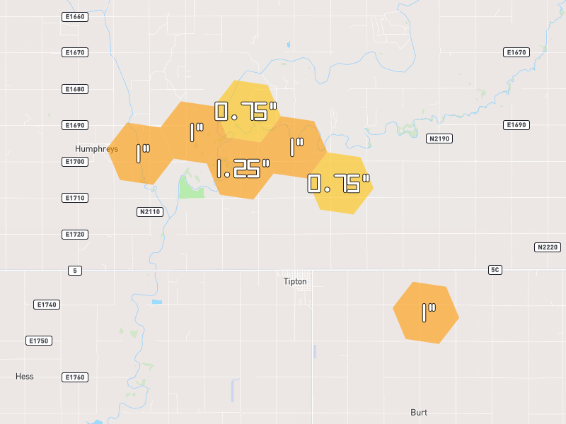Hail map of Tipton, OK on Jul 5, 2026, hail up to 1.25"