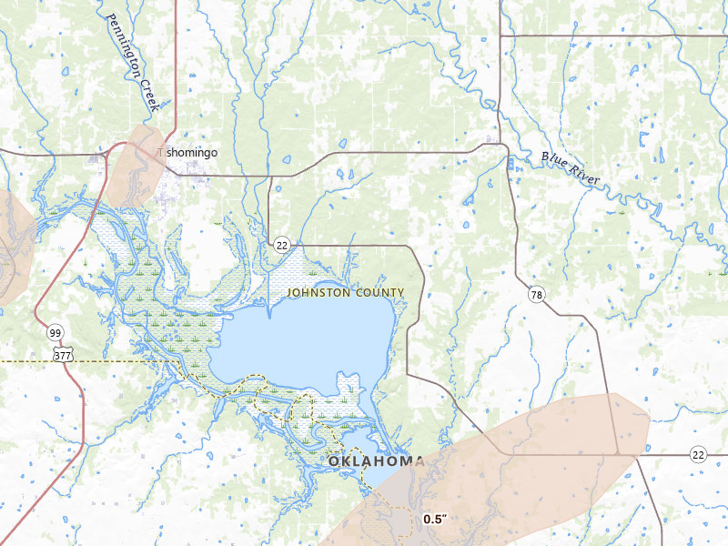Radar-estimated hail-size map of the storm over Tishomingo, OK on Mar 4, 2026