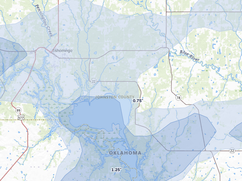 NEXRAD radar-signature map of the hail storm over Tishomingo, OK on Mar 4, 2026