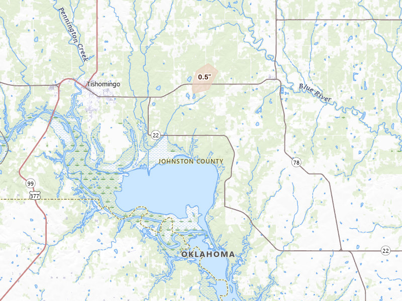 Radar-estimated hail-size map of the storm over Tishomingo, OK on Mar 6, 2026