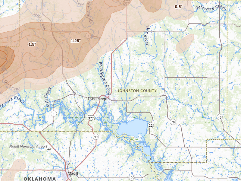 Radar-estimated hail-size map of the storm over Tishomingo, OK