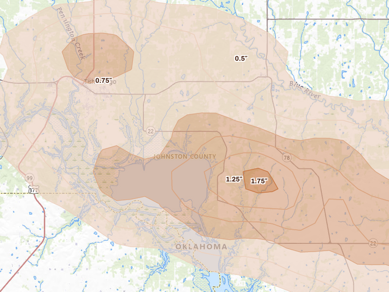 Radar-estimated hail-size map of the storm over Tishomingo, OK on Apr 24, 2026