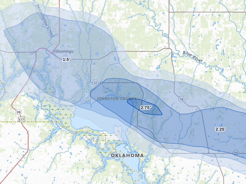 NEXRAD radar-signature map of the hail over Tishomingo, OK