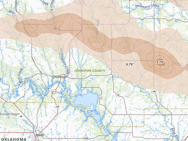 Radar-estimated hail-size map of the storm over Tishomingo, OK on Apr 25, 2026