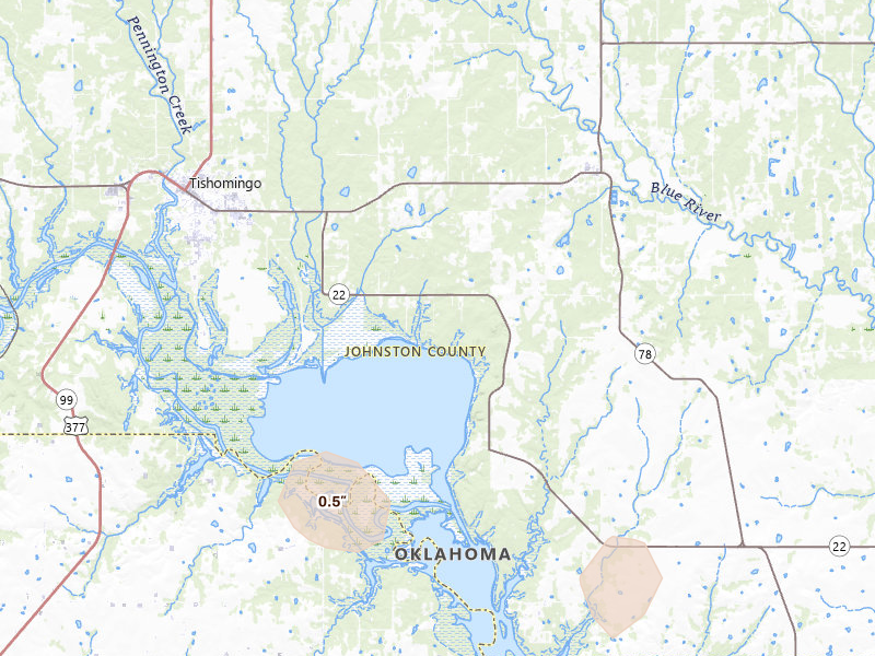 Radar-estimated hail-size map of the storm over Tishomingo, OK on May 22, 2026
