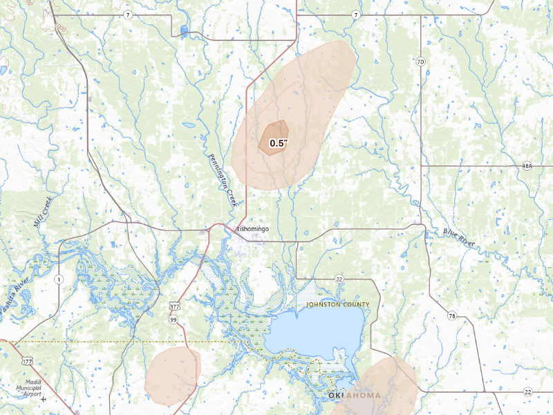 Radar-estimated hail-size map of the storm over Tishomingo, OK on Sep 20, 2026