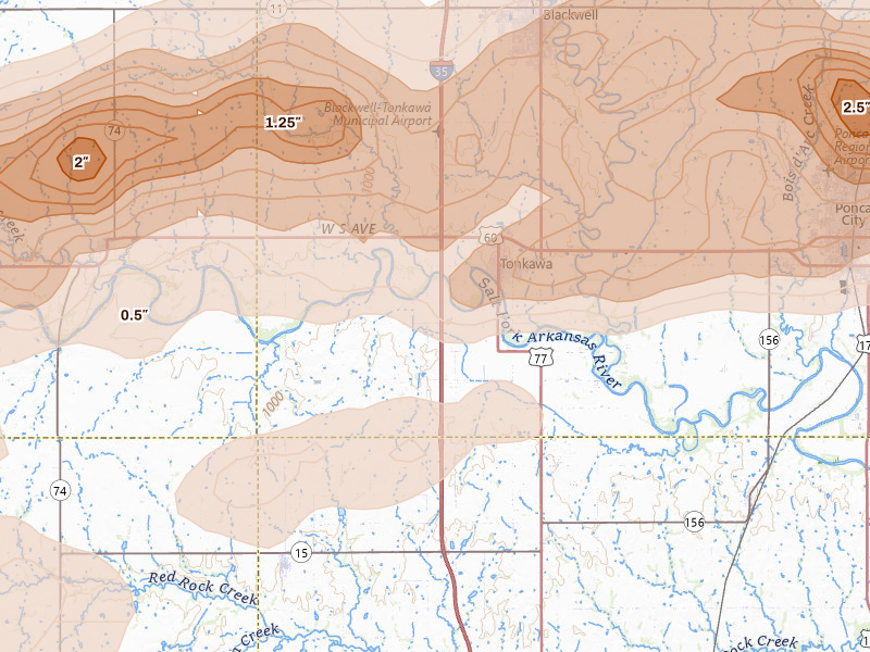 Radar-estimated hail-size map of the storm over Tonkawa, OK on Apr 17, 2026