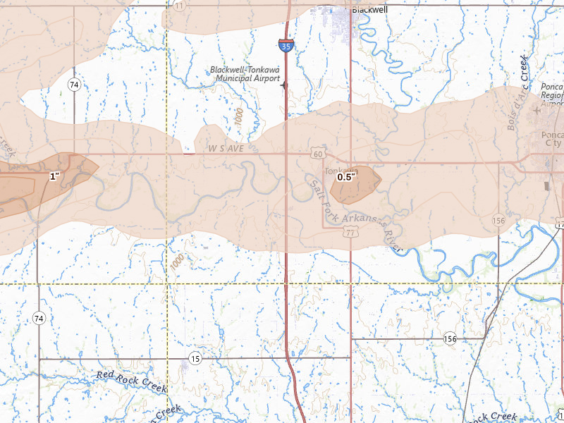 Radar-estimated hail-size map of the storm over Tonkawa, OK on Apr 23, 2026