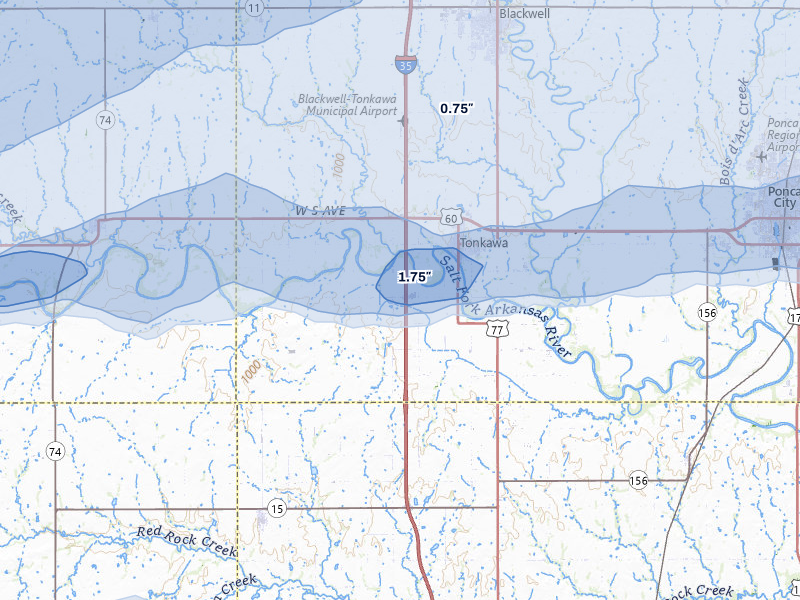 NEXRAD radar-signature map of the hail over Tonkawa, OK