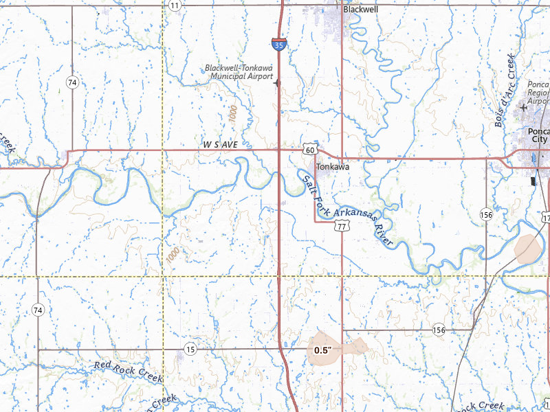 Radar-estimated hail-size map of the storm over Tonkawa, OK on May 31, 2026