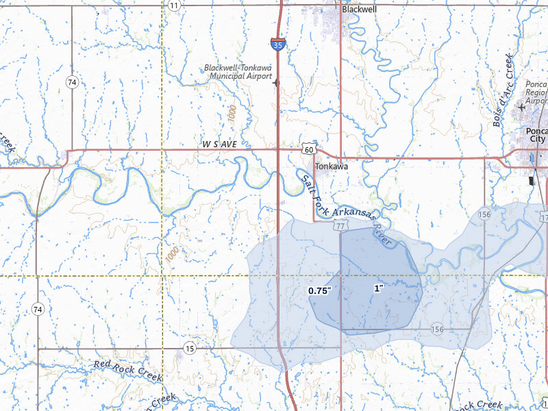 NEXRAD radar-signature map of the hail storm over Tonkawa, OK on May 31, 2026
