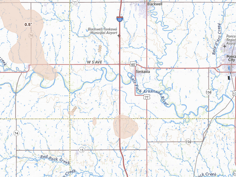Radar-estimated hail-size map of the storm over Tonkawa, OK on Jun 1, 2026