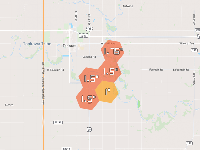 Hail map of Tonkawa, OK on Jun 26, 2026, hail up to 1.75"