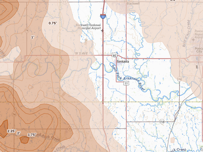 Radar-estimated hail-size map of the storm over Tonkawa, OK on Jul 4, 2026