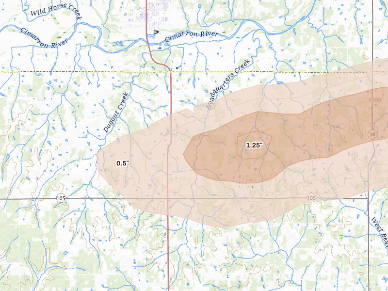 Radar-estimated hail-size map of the storm over Tryon, OK on Mar 1, 2026