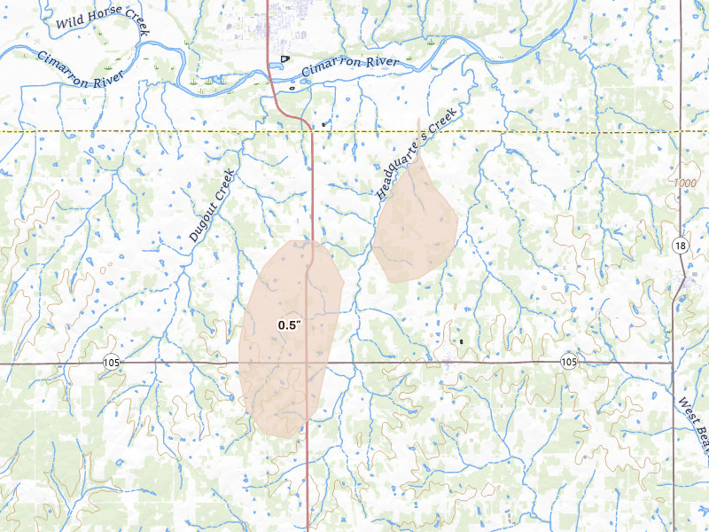 Radar-estimated hail-size map of the storm over Tryon, OK on Mar 6, 2026