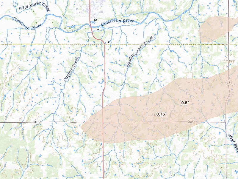 Radar-estimated hail-size map of the storm over Tryon, OK on Apr 28, 2026