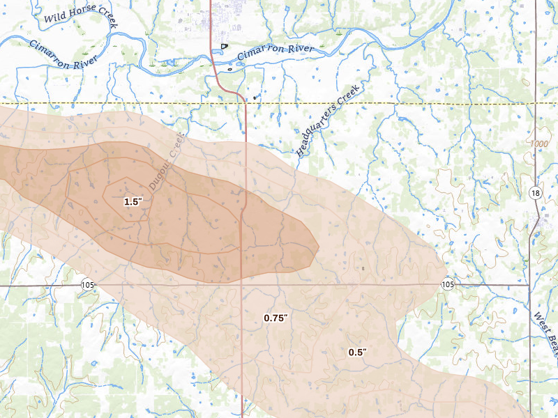 Radar-estimated hail-size map of the storm over Tryon, OK on May 8, 2026