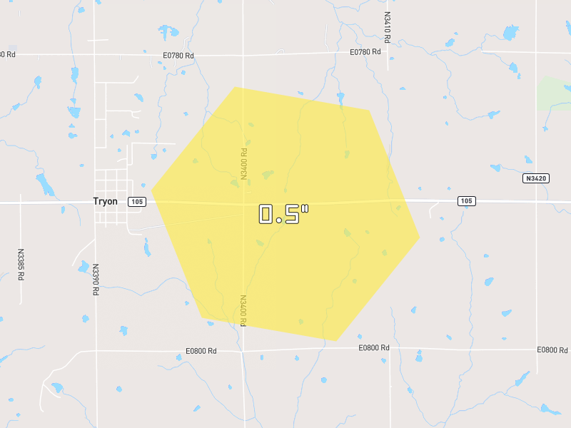 Hail map of Tryon, OK on Jul 5, 2026, hail up to 0.5"