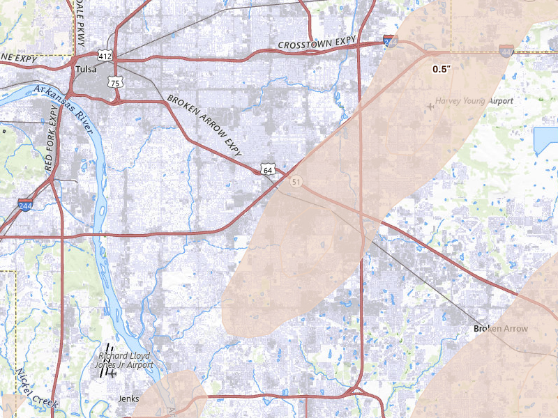 Radar-estimated hail-size map of the storm over Tulsa, OK on Mar 6, 2026