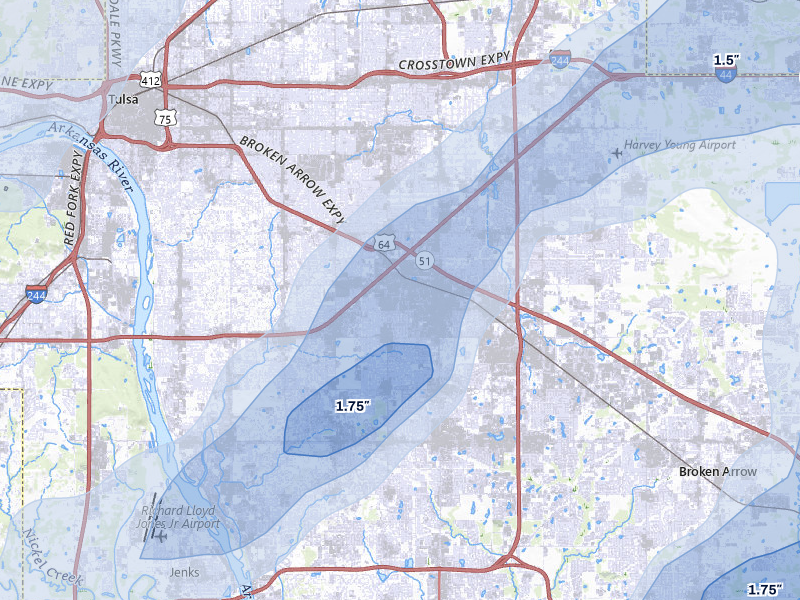 NEXRAD radar-signature map of the hail storm over Tulsa, OK on Mar 6, 2026