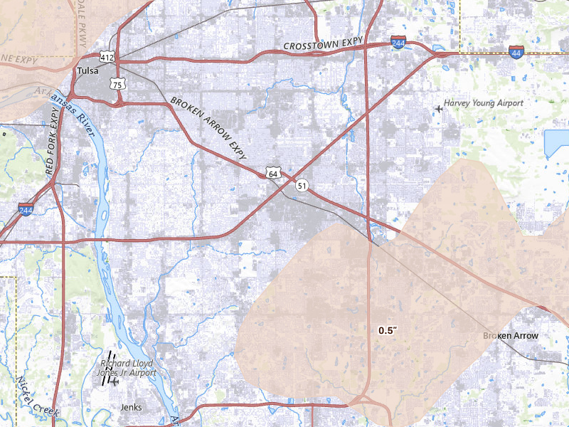 Radar-estimated hail-size map of the storm over Tulsa, OK on Apr 23, 2026