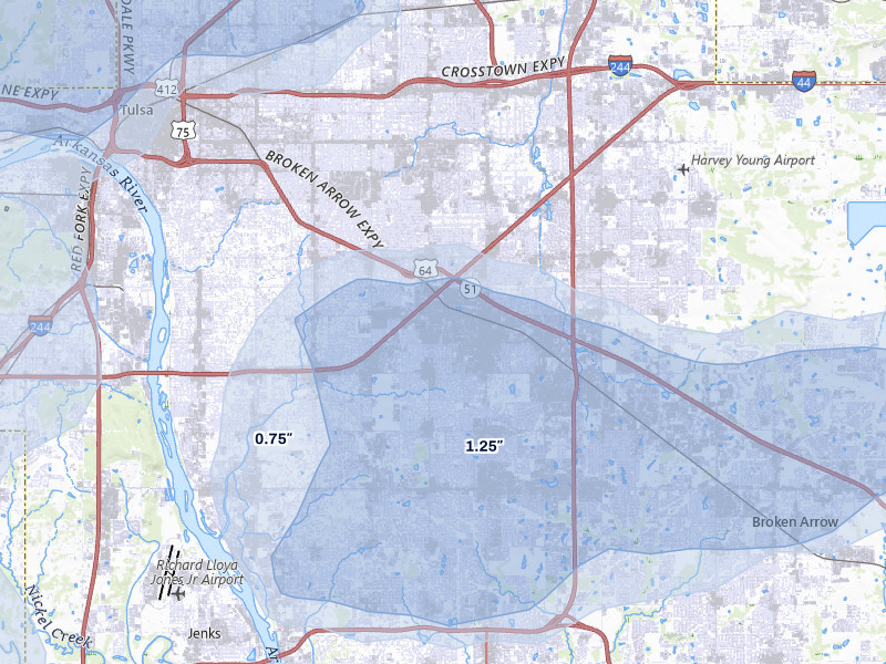 NEXRAD radar-signature map of the hail over Tulsa, OK