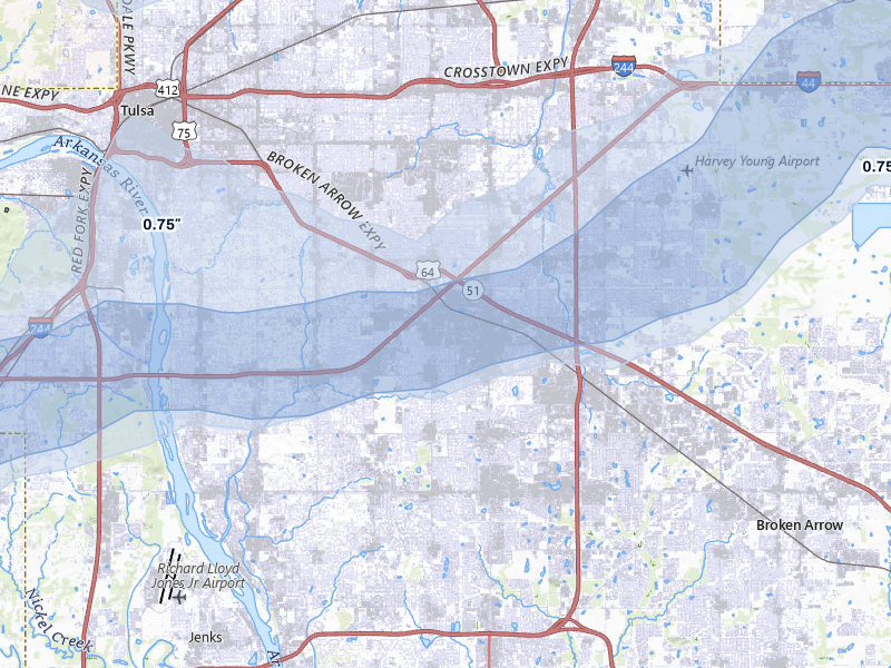 NEXRAD radar-signature map of the hail storm over Tulsa, OK on Apr 28, 2026