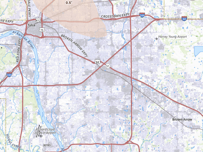 Radar-estimated hail-size map of the storm over Tulsa, OK on May 8, 2026