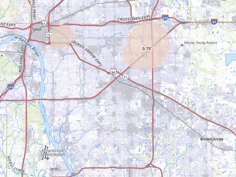 Radar-estimated hail-size map of the storm over Tulsa, OK on Jun 1, 2026