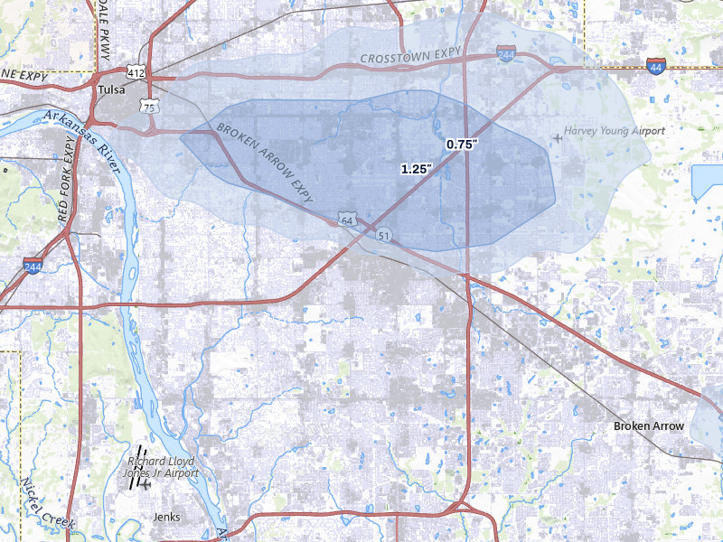 NEXRAD radar-signature map of the hail storm over Tulsa, OK on Jun 1, 2026