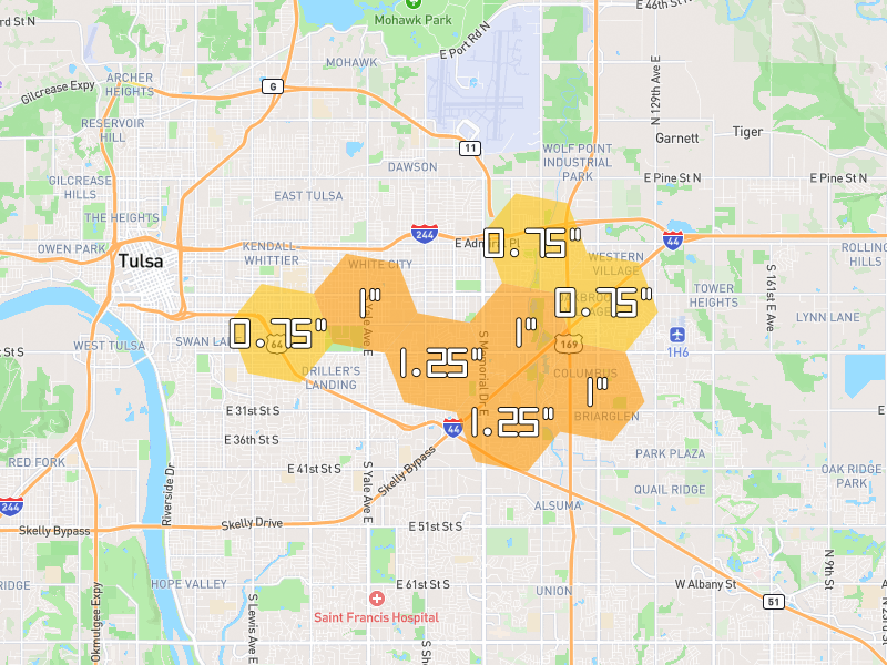 Hail map of Tulsa, OK on Jun 1, 2026, hail up to 1.25"