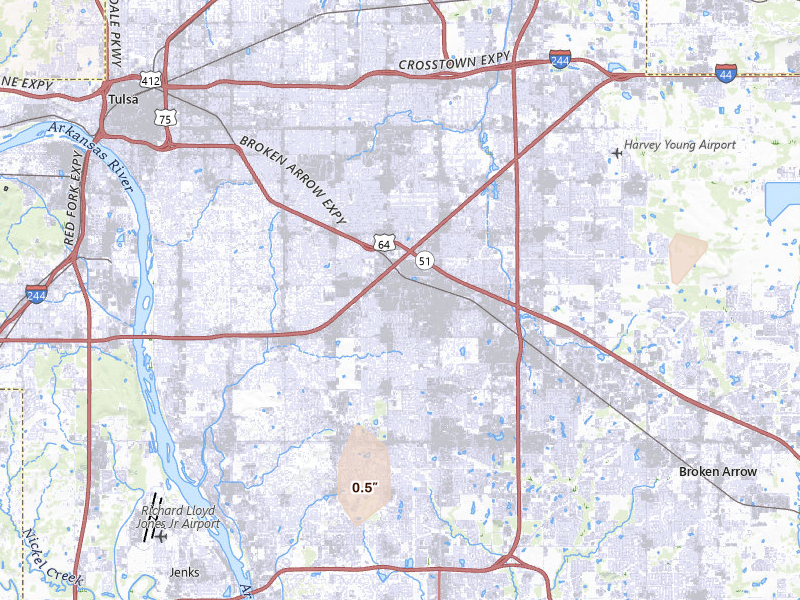 Radar-estimated hail-size map of the storm over Tulsa, OK on Jun 2, 2026
