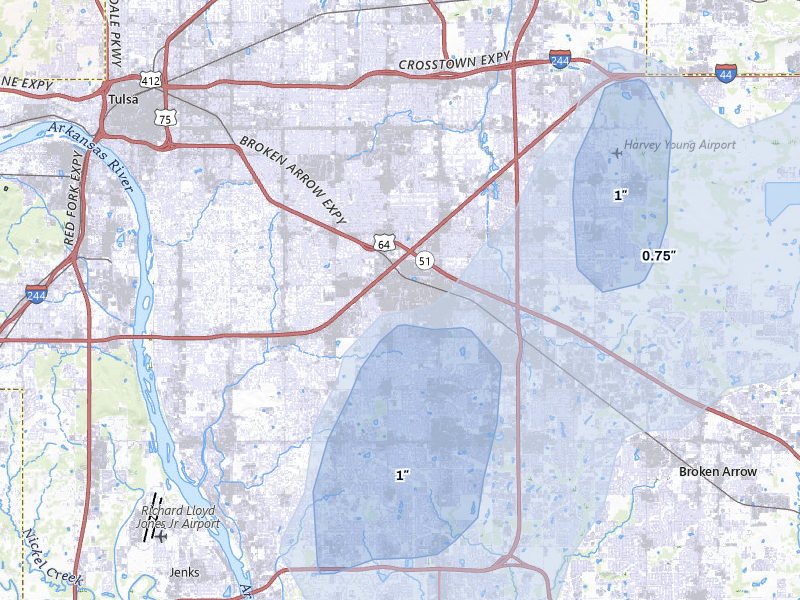 NEXRAD radar-signature map of the hail over Tulsa, OK