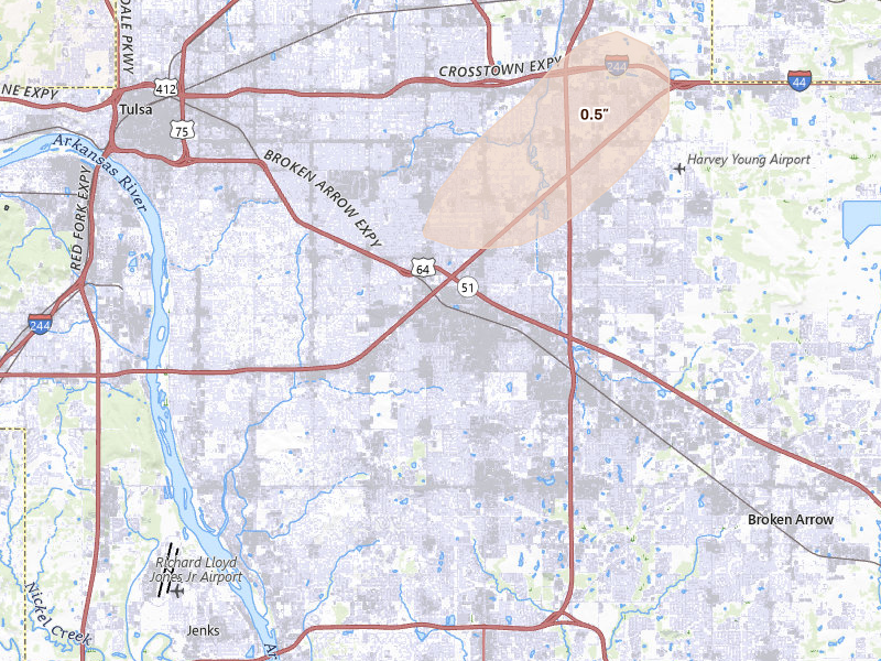 Radar-estimated hail-size map of the storm over Tulsa, OK on Jun 23, 2026