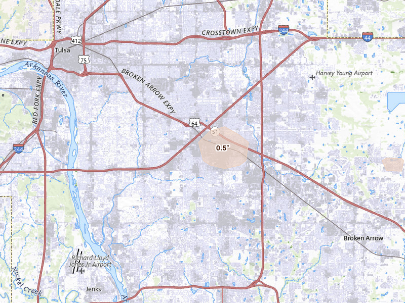 Radar-estimated hail-size map of the storm over Tulsa, OK on Jun 25, 2026