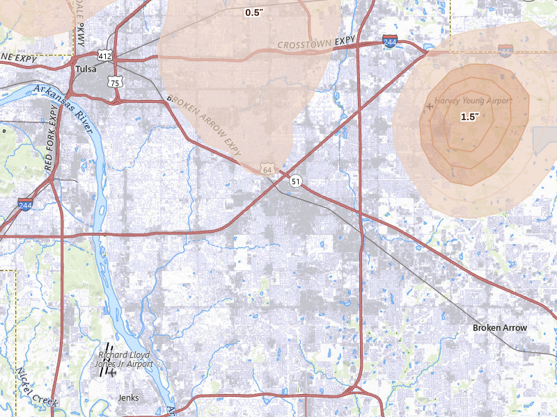 Radar-estimated hail-size map of the storm over Tulsa, OK on Jul 11, 2026
