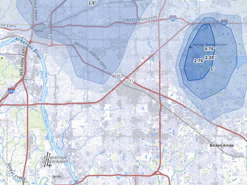 NEXRAD radar-signature map of the hail storm over Tulsa, OK on Jul 11, 2026